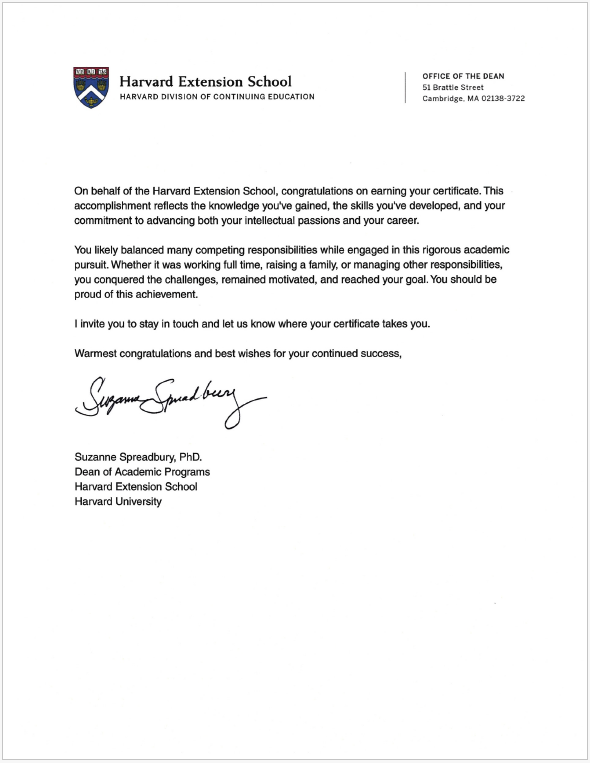Harvard Extension School congratulatory letter from Suzanne Spreadbury, PhD