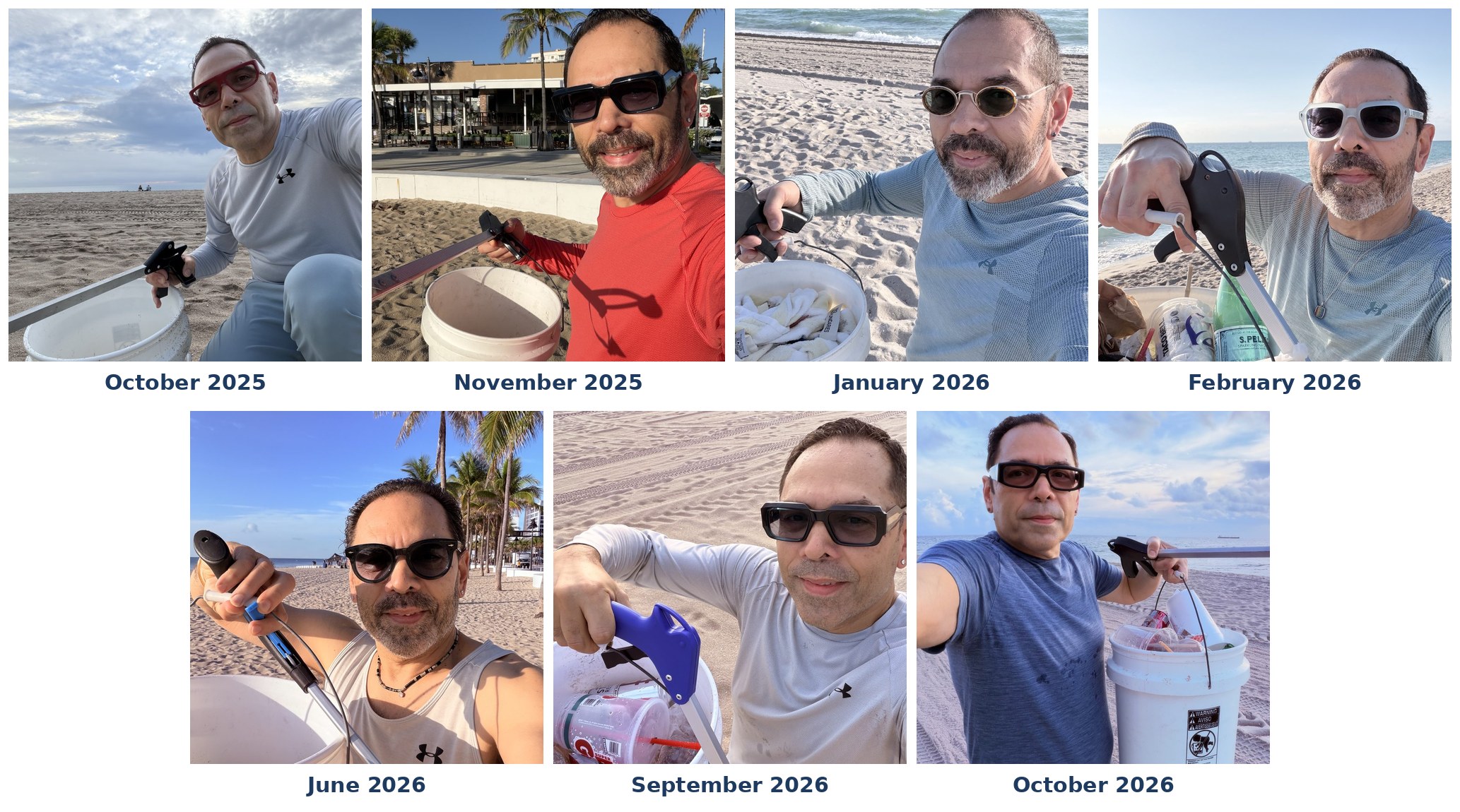 Seven photos of Ricardo collecting trash at the Fort Lauderdale Beach Sweep, October 2025 to October 2026