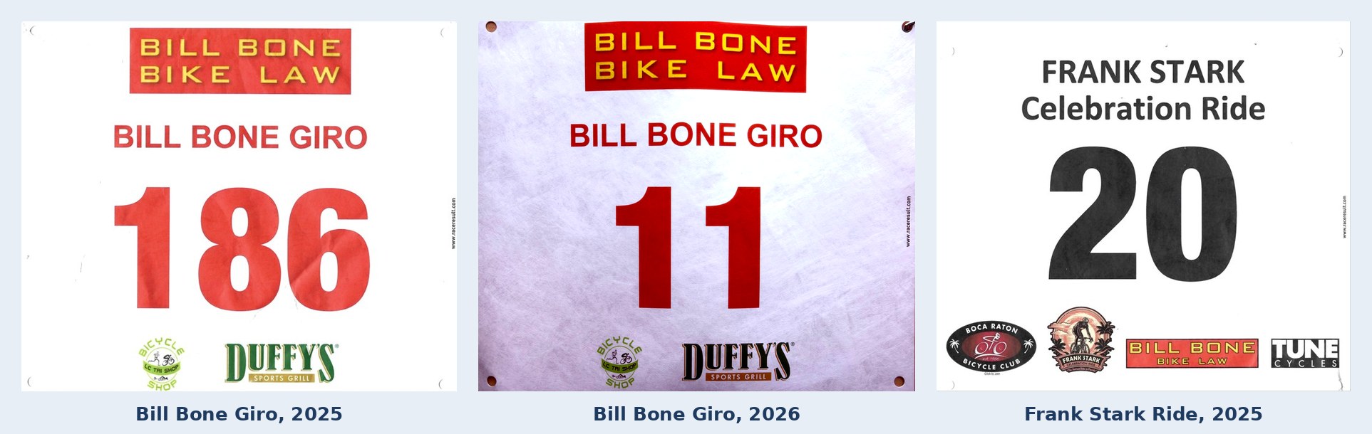 Rider bibs: Bill Bone Giro 186 (2025) and 11 (2026), Frank Stark Celebration Ride 20 (2025)