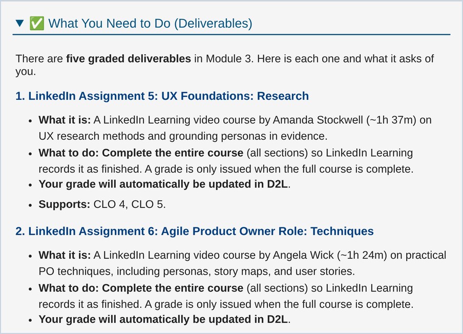 Module 3 deliverables in ISM 3309C, each mapped to the course learning outcomes it supports