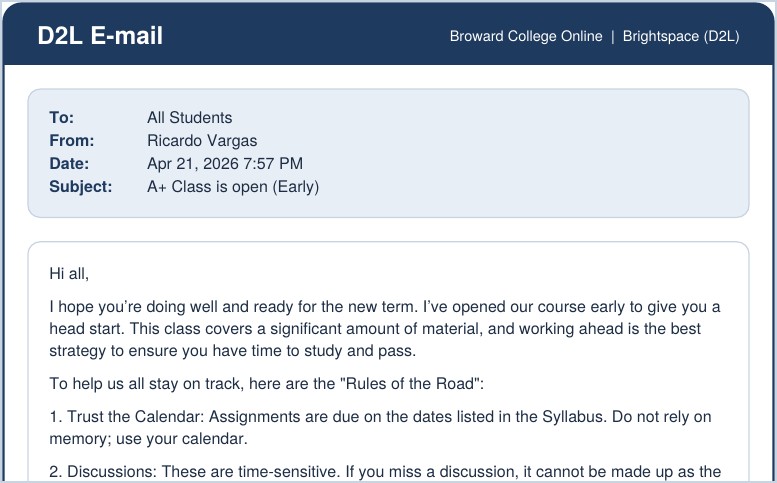 Top of an early course opening e-mail encouraging students to work ahead