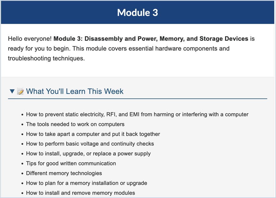 Top of a weekly module announcement listing what students will learn