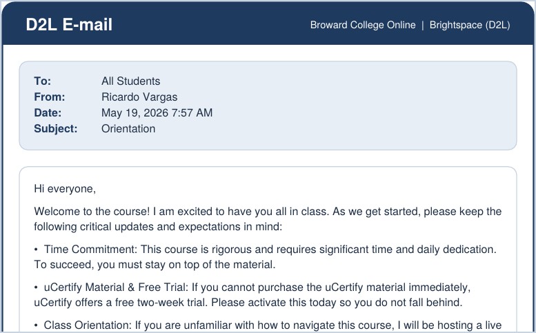 Top of a course orientation e-mail sent to all students, 2026